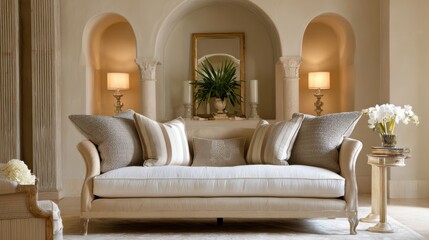 Obraz premium french eclectic living room full view, sculpted sand colored linen sofa with soft faded stripe pattern in ivory and clay, arched wall niche, warm ambient