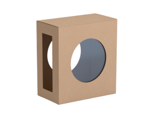 Brown paper box with round transparent window isolated on transparent or white background