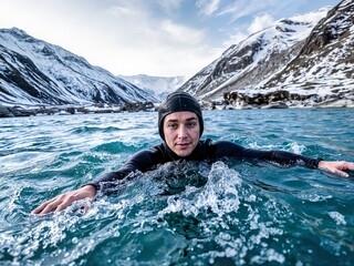 Young man swimming in icy water surrounded by snow-capped mountains  