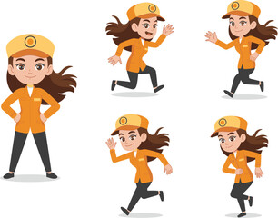 Cute cartoon delivery girl character in uniform running, walking, and standing, vector illustration set, courier service concept, logistics, shipping, express package delivery design