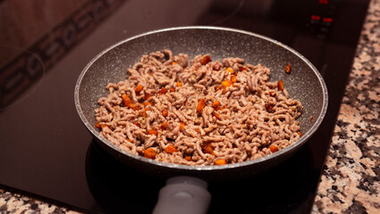 Mince meat with chopped carrots cooking on frying pan on induction stove. Cooking delicious dish...