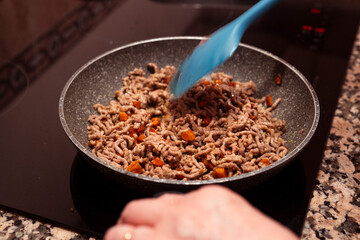 Mince meat with chopped carrots cooking on frying pan on induction stove. Cooking delicious dish with fresh mince meat and vegetables at home.