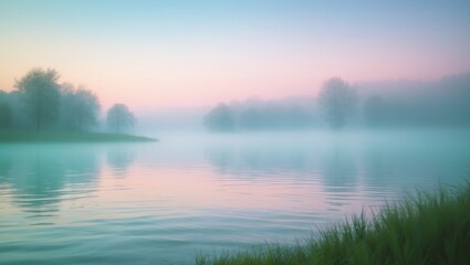 Fototapeta premium Misty river scene at dawn with trees and calm water, peaceful landscape, tranquil nature scenery.