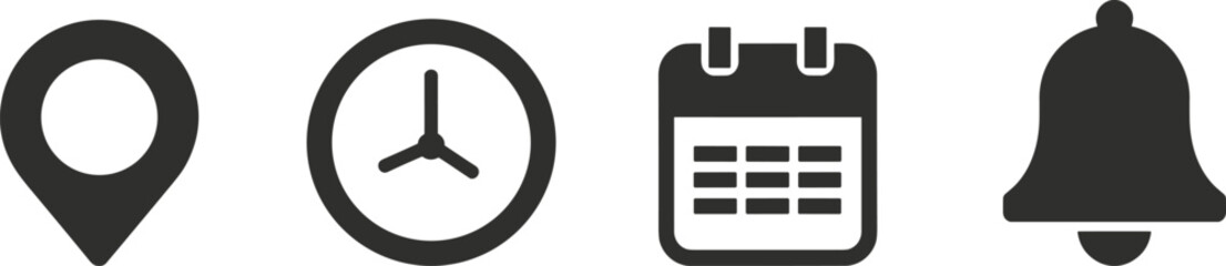 Obraz premium Location, time, calendar, and notification bell icons vector illustration, black silhouette design, simple flat symbols for app, website, schedule, reminder, and user interface