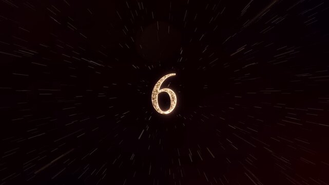 New Year countdown with fireworks, numbers, and text. Golden text fireworks burst as numbers count down from 10 to 0, celebrating a Happy New Year. Party video countdown to midnight.