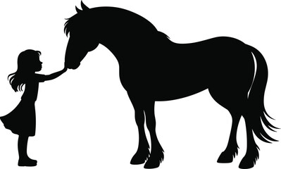 Silhouette illustration of young girl touching horse, animal friendship concept, child and pony bonding, equestrian love, countryside pet care, farm animal design
