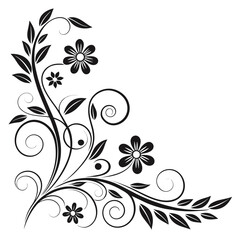 An ornate, swirling floral design in black and white. This graphic of a corner flourish includes small flowers and curling leaves.

