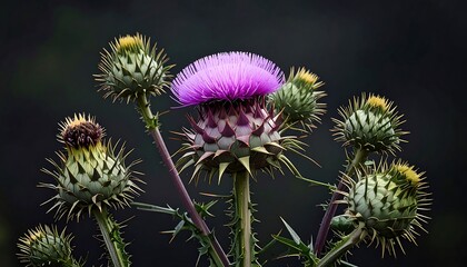 Close-up of a vibrant purple artichoke flower with several buds