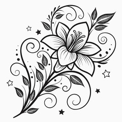 Black and white floral vector art. It features a detailed flower, leaves, decorative swirls, and small stars, suitable for backgrounds and designs.

