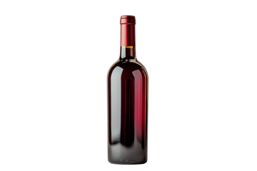 Elegant red wine bottle with a shiny surface, isolated on a white background.