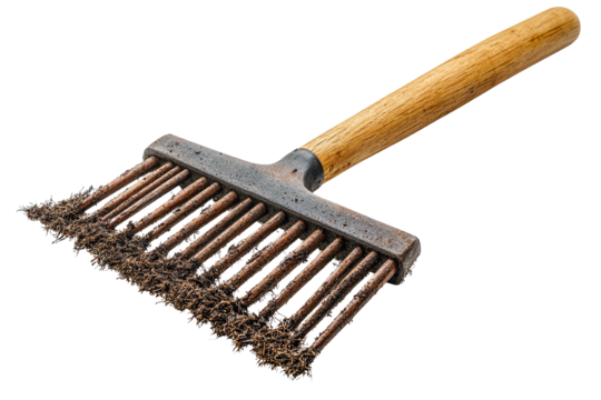 Rustic garden rake with a wooden handle, ideal for cultivating soil and removing weeds, on a white isolated background.