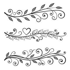 Three decorative botanical dividers, with leaves, swirls, and tendrils add a delicate, handcrafted touch to section breaks on your website. The middle element contains a heart shape.

