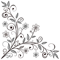 Obraz premium Floral corner design. Swirling stems and vines extend from the corner, decorated with stylized leaves and simple daisy-like flowers.