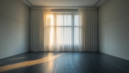 Obraz premium Empty room with sunlight streaming through large window with curtains and hardwood flooring.