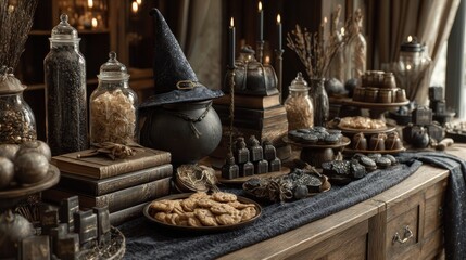 Enchanting halloween themed dessert table with a whimsical array of treats