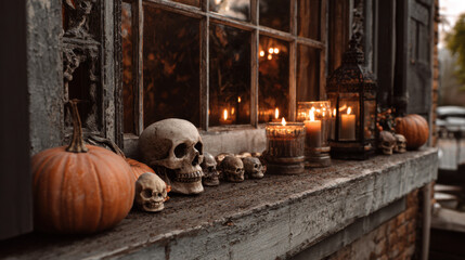 Fototapeta premium Closeup of pumpkins, skulls and burning candles on rustic windowsill with moody halloween decorations