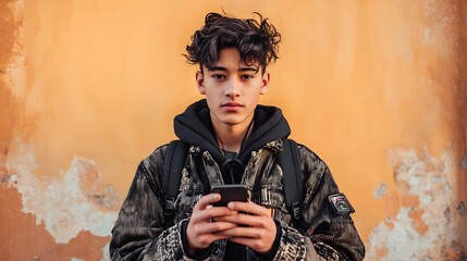 Fototapeta premium A young Asian male with tousled hair, wearing a stylish oversized jacket, stands against a textured orange wall while using his smartphone.
