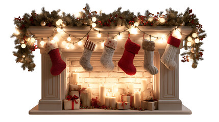 Festive christmas fireplace with stockings and glowing lights isolated on transparent background