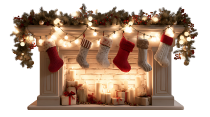Festive christmas fireplace with stockings and glowing lights isolated on transparent background