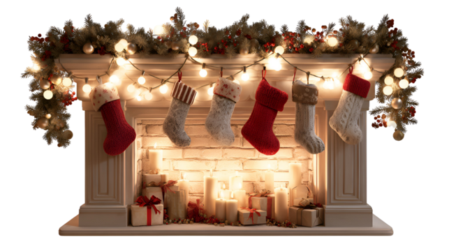 Festive christmas fireplace with stockings and glowing lights isolated on transparent background
