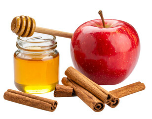  “Fresh Apple Slices with Honey Drizzle and Cinnamon Sticks, isolated on a transparent background”.