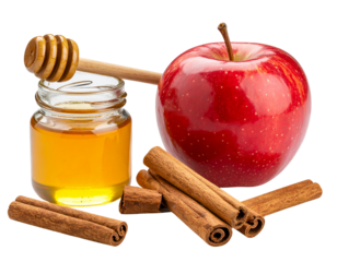  “Fresh Apple Slices with Honey Drizzle and Cinnamon Sticks, isolated on a transparent background”.
