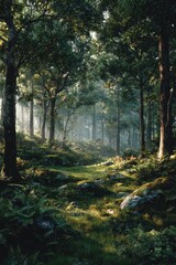 Obraz premium Forest path bathed in sunlight