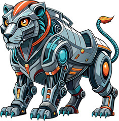 Fototapeta premium A whimsical, futuristic lion featuring bright, glowing LED eyes and a robotic body, showcasing a blend of nature and technology