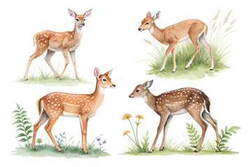 set of Watercolor woodland deer animals