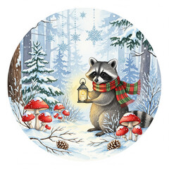 Adorable raccoon with lantern in a snowy forest with mushrooms