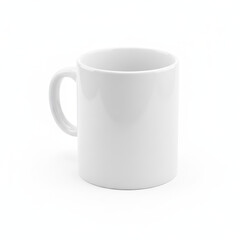 Glossy white ceramic mug centered on seamless background, crisp rim and handle geometry focus