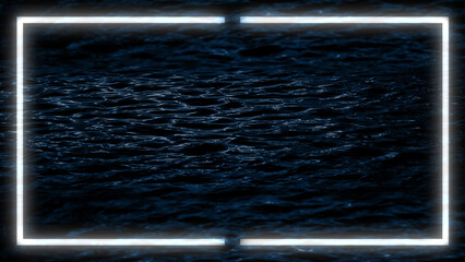 Dark moody ocean with small, choppy waves. Glowing white neon frame is superimposed over center, creating stark contrast against the deep blue. Light from frame reflects faintly on water's surface