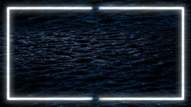 Dark moody ocean with small, choppy waves. Glowing white neon frame is superimposed over center, creating stark contrast against the deep blue. Light from frame reflects faintly on water's surface