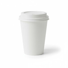 Plain to-go coffee cup with lid on pure white background, detailed snap-fit and tapering silhouette