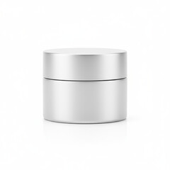 Satin cosmetic cream jar with lid, centered on pure white background, studio-lit with rim detail