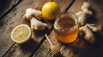 Top View Honey Jar with Fresh Ginger and Lemon on Rustic Wooden Background