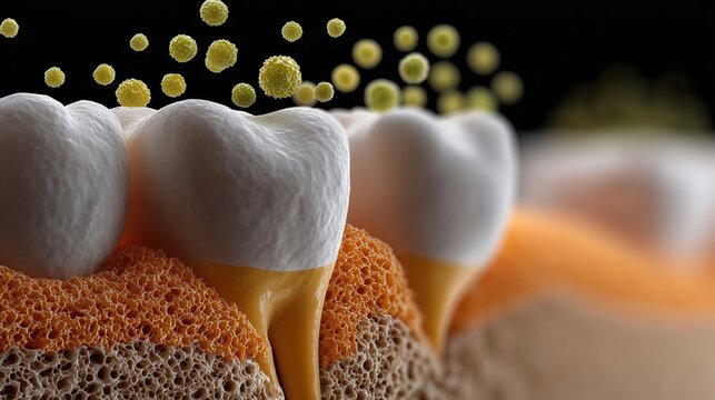 Illustration medicale de dents avec virus jaunes flottant au-dessus