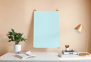 A minimalist home office with beige wall, one thin floating poster mockup leaning casually on the desk.