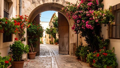 Fototapeta premium “Charming Mediterranean alleyway framed by stone arch, cobblestone path, vibrant flowers and potted plants, sunlit village scene”
