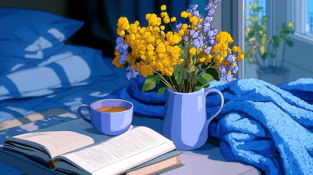 Cheerful workspace with blue background, vibrant yellow flowers in vase, open notebook ready for ideas, inviting atmosphere.