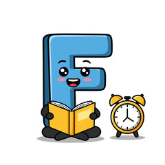 Cute cartoon letter F reading book with clock