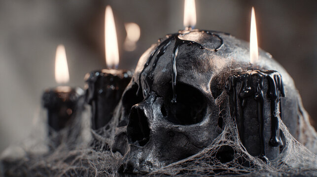 Black candles drip over a skull amid cobwebs, soft candlelight and bokeh creating a moody gothic halloween still life