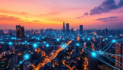 City skyline at sunset, connected by network (1)