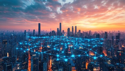 Fototapeta premium City skyline at sunset, interconnected by digital network