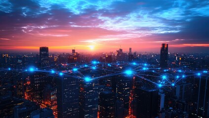 Fototapeta premium City skyline at sunset, interconnected network (4)