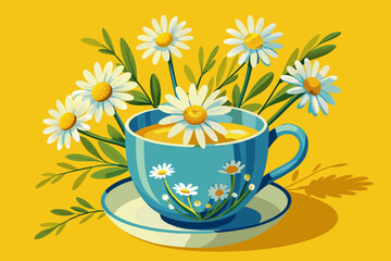 vector of Another view of chamomile flowers in a cup on a bright yellow background