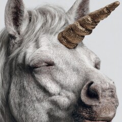 Close-up of a grey unicorn's head.  Golden horn.  Calm expression