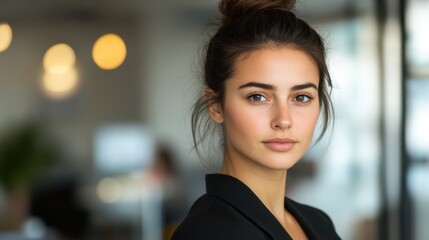Naklejka premium Young caucasian female in black blazer with hair bun in modern office