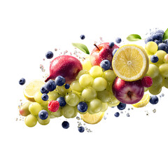 Bursting with freshness this vibrant cascade of juicy grapes apples blueberries lemons and raspberries creates an invigorating splash of natural goodness and healthy vitality