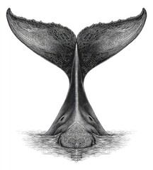 Detailed grayscale illustration of a humpback whale's tail fluke